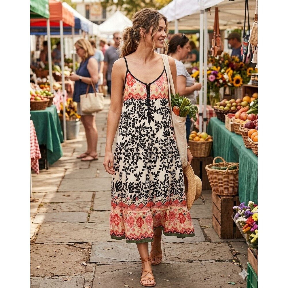 VTG Boho Cottagecore Patchwork Lined 100% Cotton Midi Sundress Size M Flowy